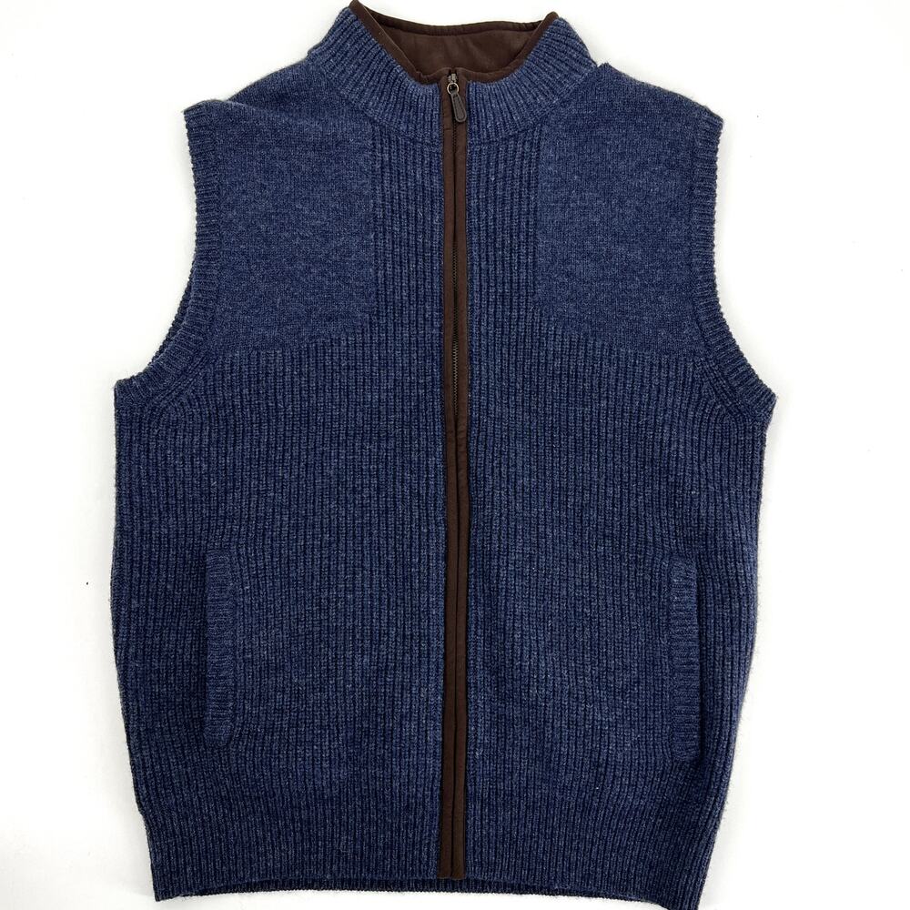 L.L. Bean Mens Waterfowl Sweater Vest Carbon Navy Microsuede Trim Sz L Preowned